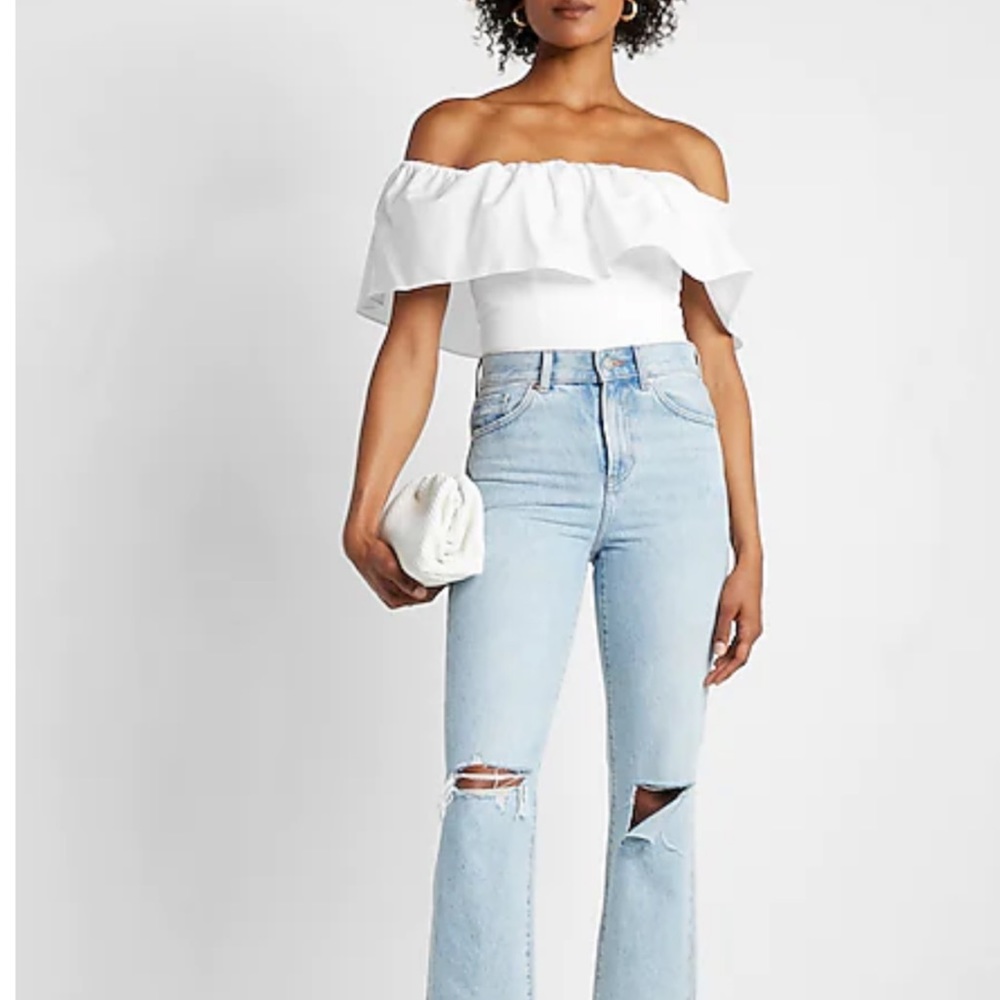 Express Black Off the Shoulder Ruffle Overlay Crop Top - Picture 4 of 12